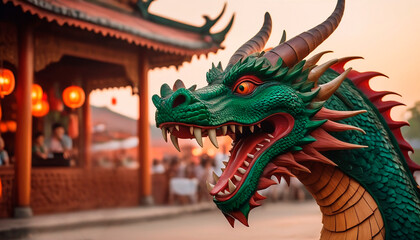 Fototapeta premium Colorful wooden carved dragon symbol of the Chinese New Year