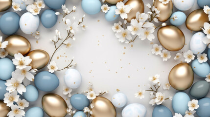 Luxurious golden and blue Easter eggs surrounded by white cherry blossoms, creating an opulent spring scene.