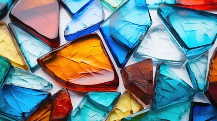 Fotobehang Close-up of multicolored broken glass pieces, creating a vibrant texture with sharp edges and reflective surfaces. © tashechka