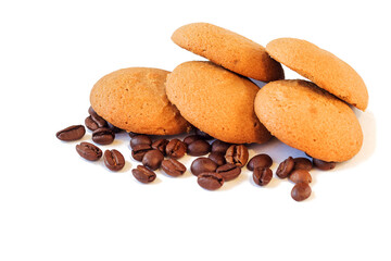 On a white isolated background lies a biscuit tender crispy cookie with aromatic coffee and creamy filling.