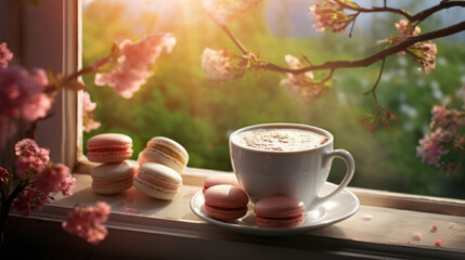 Fototapeta na wymiar A warm cup of coffee paired with colorful macarons on a windowsill overlooking a blooming tree.