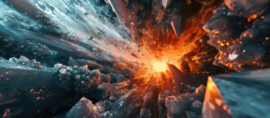 3D illustration of an exploding digital artwork with crystal debris.