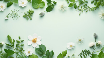Delicate white flowers and green leaves arranged in a circular frame on a mint green background, with space for text.