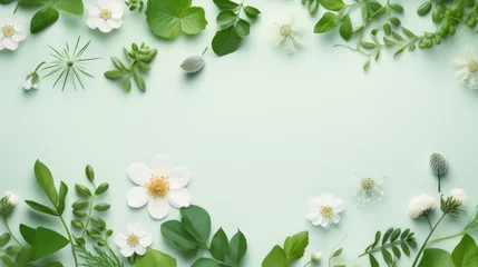  Delicate white flowers and green leaves arranged in a circular frame on a mint green background, with space for text. © tashechka