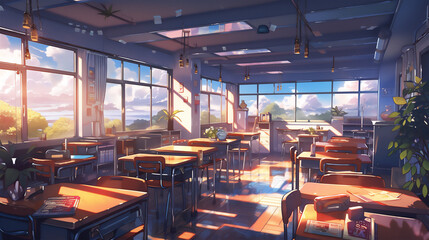 Anime background of a class room, sunset scene, digital illustration - obrazy, fototapety, plakaty