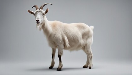White goat with long horns standing on gray studio background. Side view.
