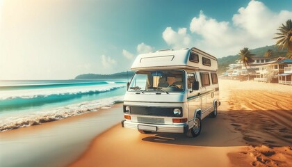Camper car on tropical beach with palm trees. 3d rendering