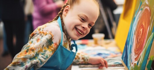 Young artist with Down syndrome enjoying painting on canvas. Inclusivity in creativity.