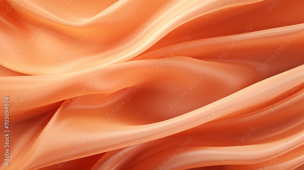 Poster a close-up view of flowing peach satin fabric, showcasing its dynamic waves and luxurious smooth tex