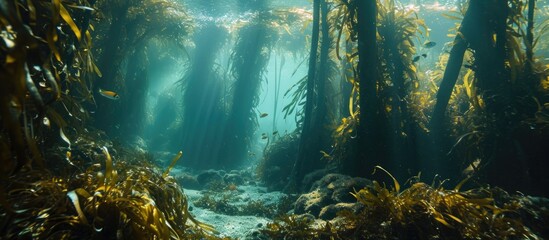 Dense underwater forest providing fish shelter with low-height kelp fronds. - obrazy, fototapety, plakaty