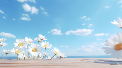 White daisies scattered on a wooden deck, reaching towards a clear blue sky, embodying a bright, cheerful day.