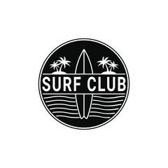 Surf club logo design idea with vintage surfboard icon, retro label circle