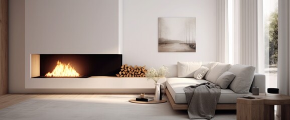 Minimalist living room interior with white walls and modern fireplace