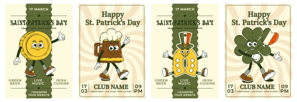Happy Saint Patricks Day retro set party invitation. Funky groovy cartoon characters. Vintage funny mascot patch psychedelic smile and emotion. Comic trendy vector illustration