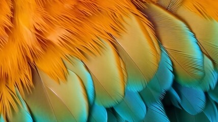 A close-up shot of colorful bird feathers, composed of blue and yellow. Feather texture background.