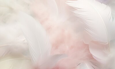 A background formed by white and light pink feathers. bird feathers texture background. 