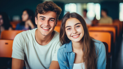 A happy young couple sitting in a classroom, smiling at the camera with a sunlit classroom in the background.