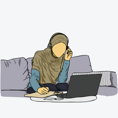Working modern Muslim women in stylish hijab fashion, hijabster influencers girl working online with laptop at house, modest style Muslimah boggers in white background.  