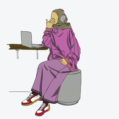 Hijab girl in trendy hijab fashion concept vector illustration, young Muslimah influencer working in café in white background. 