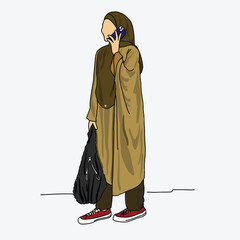 Working modern Muslim women in stylish hijab fashion, hijabster influencers girl talking on handphone, modest style Muslimah boggers influencer in white background. 