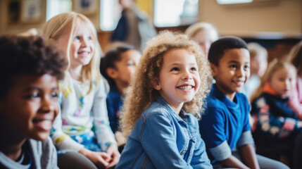 A group of diverse children sitting attentively, watching a performance or presentation with bright smiles. - obrazy, fototapety, plakaty