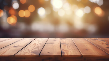 An empty wooden table top in focus with a warm bokeh light effect creating an inviting and cozy background atmosphere.