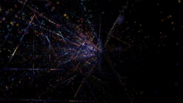 Abstract digital tunnel in cyberspace consisting of particles. Virtual space consisting of a bright stream of geometric shapes
