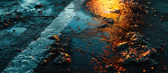 Oil spill on dark parking lot asphalt, textured background.