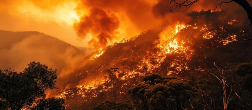 Massive wildfire in Australian mountainous landscape.