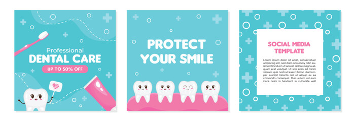 Set of dental banners for dental clinic. Discount on services for dental health. Dentistry. Banner or poster for website or app. Funny cartoon teeth in cartoon style. Social media template. - obrazy, fototapety, plakaty