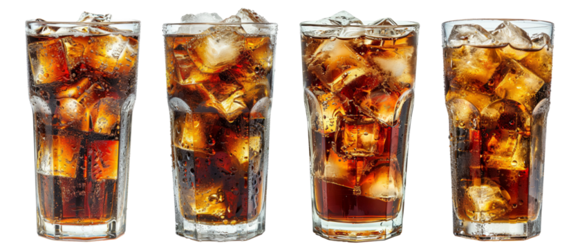 Glass of cola with ice, png transparent background