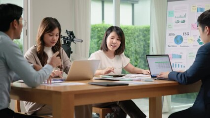 CO2 emission offset price advice control go green report. Net zero waste advisor ESG ethical asian team office meeting talking climate change. Group asia woman people SDGs plan expert social working.