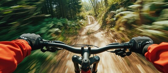 Fast downhill mountain biking with motion blur, from biker's point of view. - obrazy, fototapety, plakaty