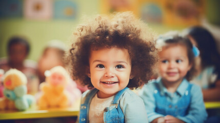 Obraz premium A curly-haired toddler gives a heartwarming smile while attending a fun activity in a colorful preschool classroom.