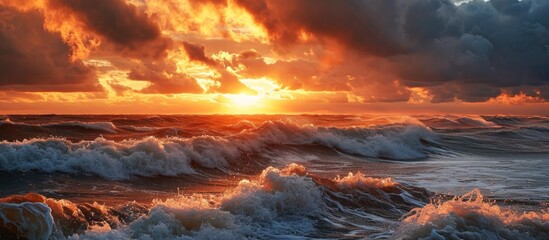 Dramatic sunset sky over Baltic Sea; waves, epic seascape, storm aftermath. Cyclone, meteorology, climate change impact. - obrazy, fototapety, plakaty