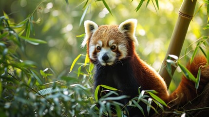 Red Panda in a Vibrant Bamboo Forest Background - The Panda's Fur is a Contrast against the Green...