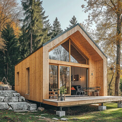 Tiny one floor timber frame house with double front doors and terrace design minimalism cluster