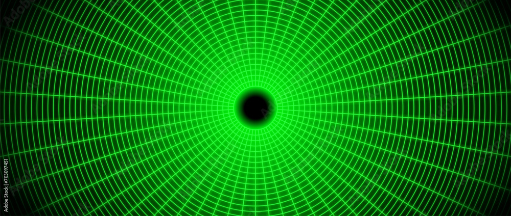 Poster Green glowing wireframe tunnel. Neon wormhole in dark space. Grid tunnel in perspective. Funnel or portal illusion. Circular mesh structure tube. Vector optical illusion art