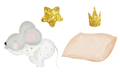 Cute watercolor set of a mouse sleeping on a pillow. Kawaii drawing of a baby for printing on postcards and children's cards. Illustration in the color of the year Peach Fuzz.