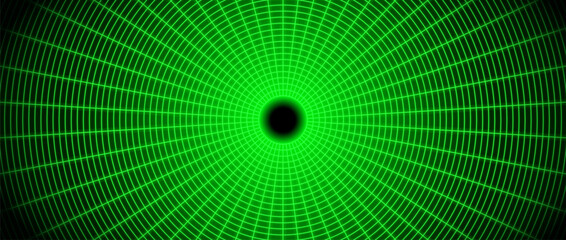 Green glowing wireframe tunnel. Neon wormhole in dark space. Grid tunnel in perspective. Funnel or portal illusion. Circular mesh structure tube. Vector optical illusion art