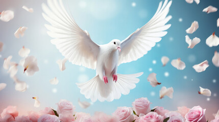 A graceful white dove in flight, surrounded by delicate rose petals against a dreamy blue sky.
