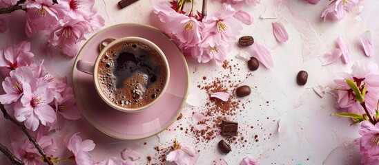 Coffee and hot chocolate drinks, pink sakura flowers, improved brain function, stimulation of nervous system, health effects, blank space for banner. - obrazy, fototapety, plakaty
