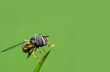 A yellow and black flower fly landed on a leaf.