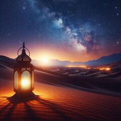 Islamic lantern in the desert at night beautiful starry sky