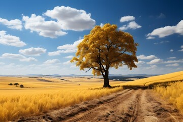 Landscape Photography of a peaceful rolling countryside, with fields of golden wheat swaying in the gentle breeze.