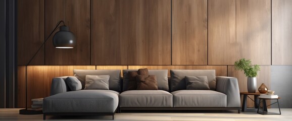 Modern living room interior with wooden wall panels and sofa, 3d render