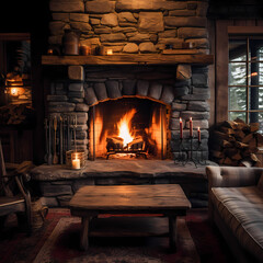 A cozy fireplace in a mountain cabin.
