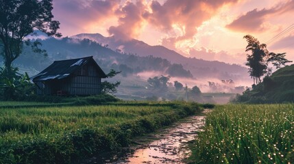 Panorama of countryside timber cottage surrounded by rice crops at sunrise with purple sky, lovely sky in rice fields with sunrise