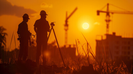 Fototapeta na wymiar silhouette black man survey civil engineer stand on ground working in a land building site over Blurred construction worker on industrial site, Ai generated.