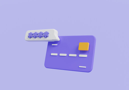 Credit card with password. Payment protection concept, secure credit card transaction, password security access, lock card, business finance, secure payment, online payment. 3d render illustration